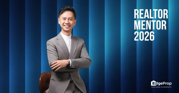 Fendy Lee in a grey suit against blue vertical stripes, EdgeProp Realtor Mentor 2026 feature