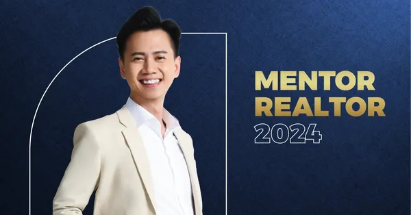 Fendy Lee in a cream suit against a dark blue background, EdgeProp Mentor Realtor 2024 feature